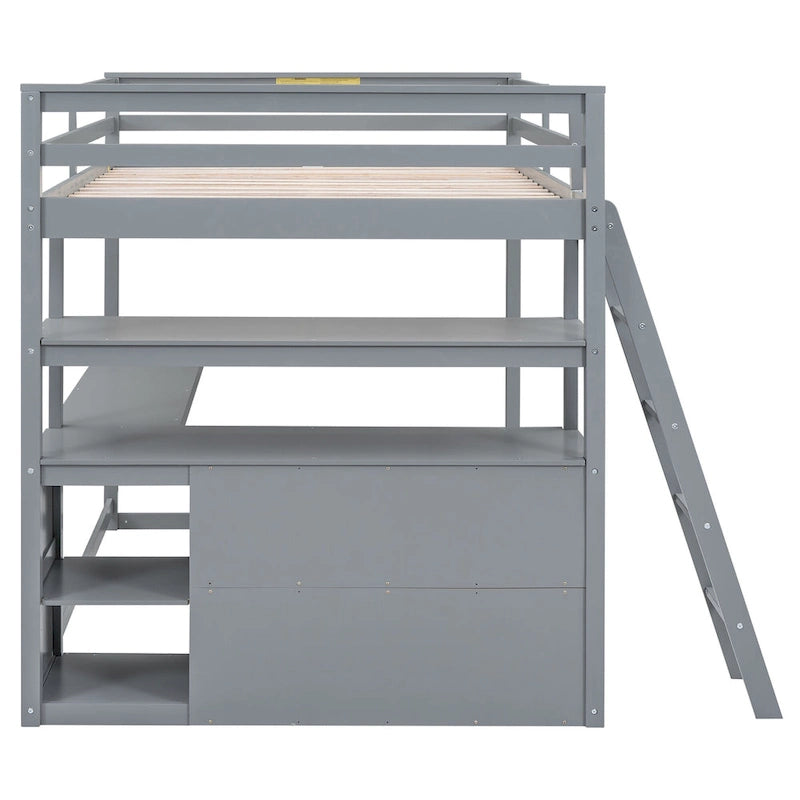 Lit mezzanine pleine grandeur avec bureau et étagères, deux tiroirs intégrés, gris