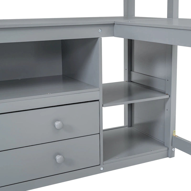Lit mezzanine pleine grandeur avec bureau et étagères, deux tiroirs intégrés, gris