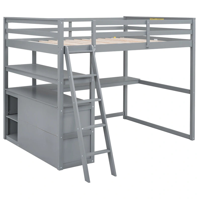 Lit mezzanine pleine grandeur avec bureau et étagères, deux tiroirs intégrés, gris