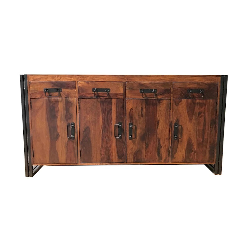 Buffet 4 portes 4 tiroirs en bois de Sesham et fer forgé fait main (Inde) - 71 x 18 x 35