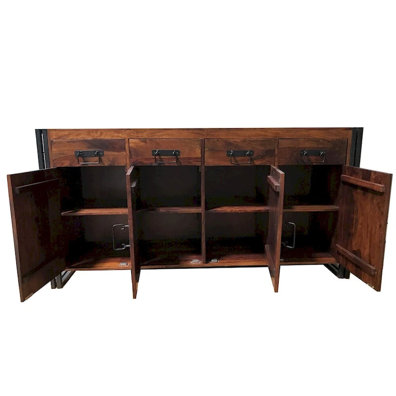 Buffet 4 portes 4 tiroirs en bois de Sesham et fer forgé fait main (Inde) - 71 x 18 x 35