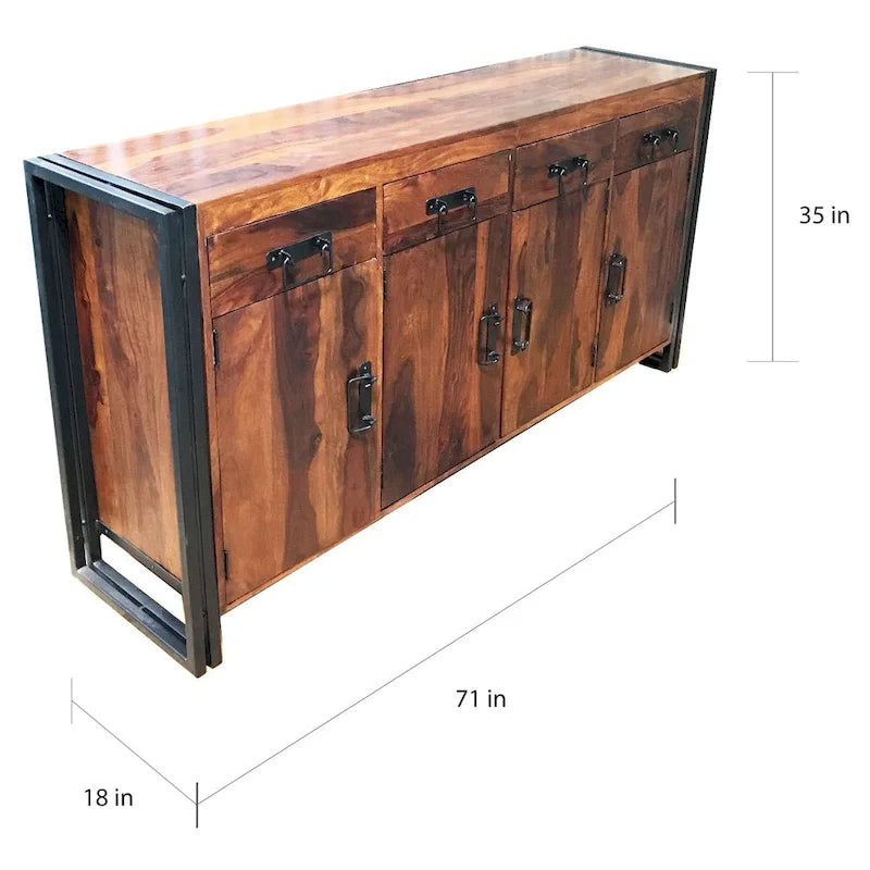 Buffet 4 portes 4 tiroirs en bois de Sesham et fer forgé fait main (Inde) - 71 x 18 x 35