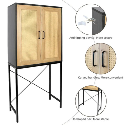 Armoire haute élégante de 59 po avec 2 portes en rotin