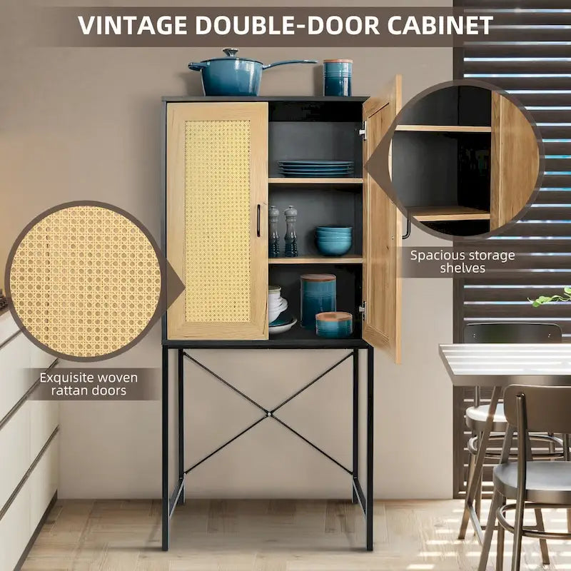 Armoire haute élégante de 59 po avec 2 portes en rotin
