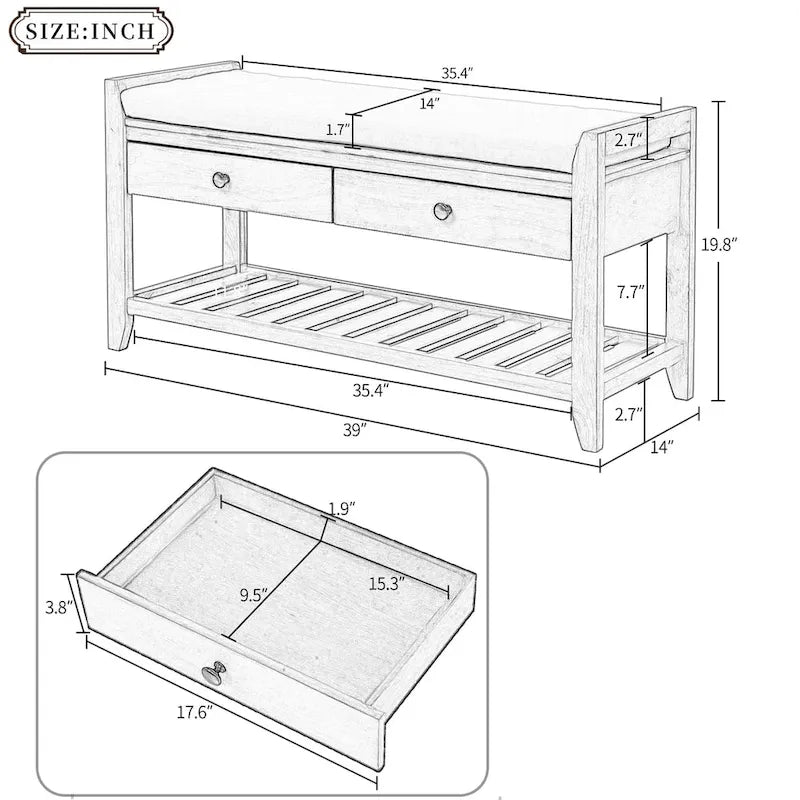 Meuble à chaussures avec assise capitonnée et tiroirs, banc de rangement multifonction pour entrée