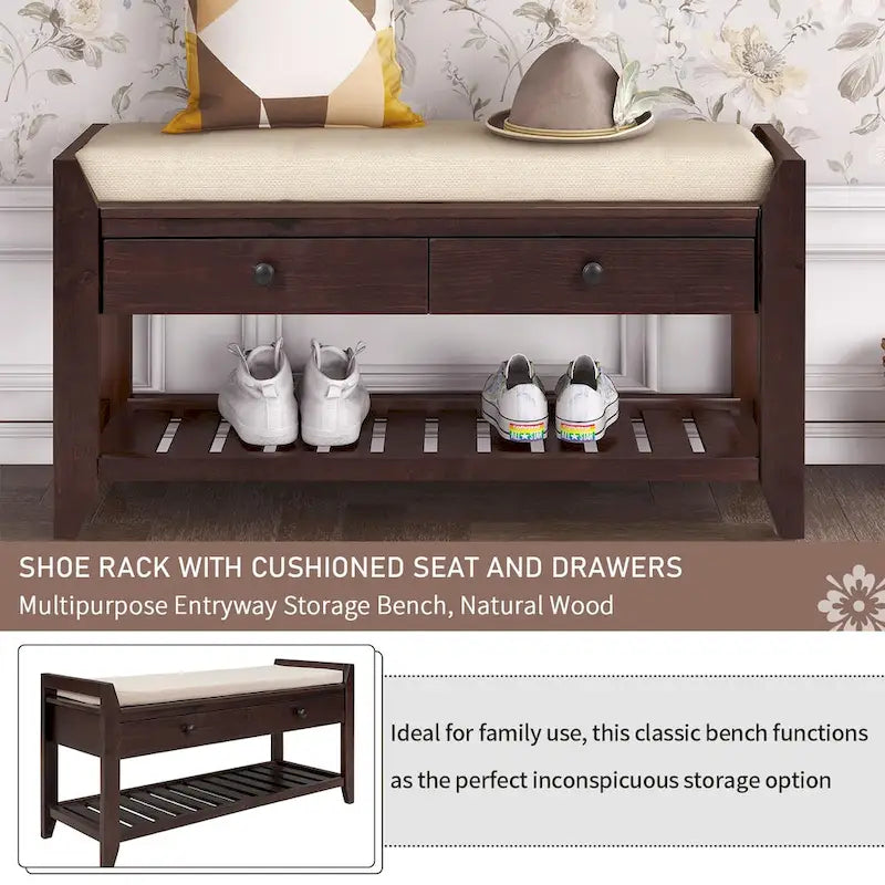 Meuble à chaussures avec assise capitonnée et tiroirs, banc de rangement multifonction pour entrée