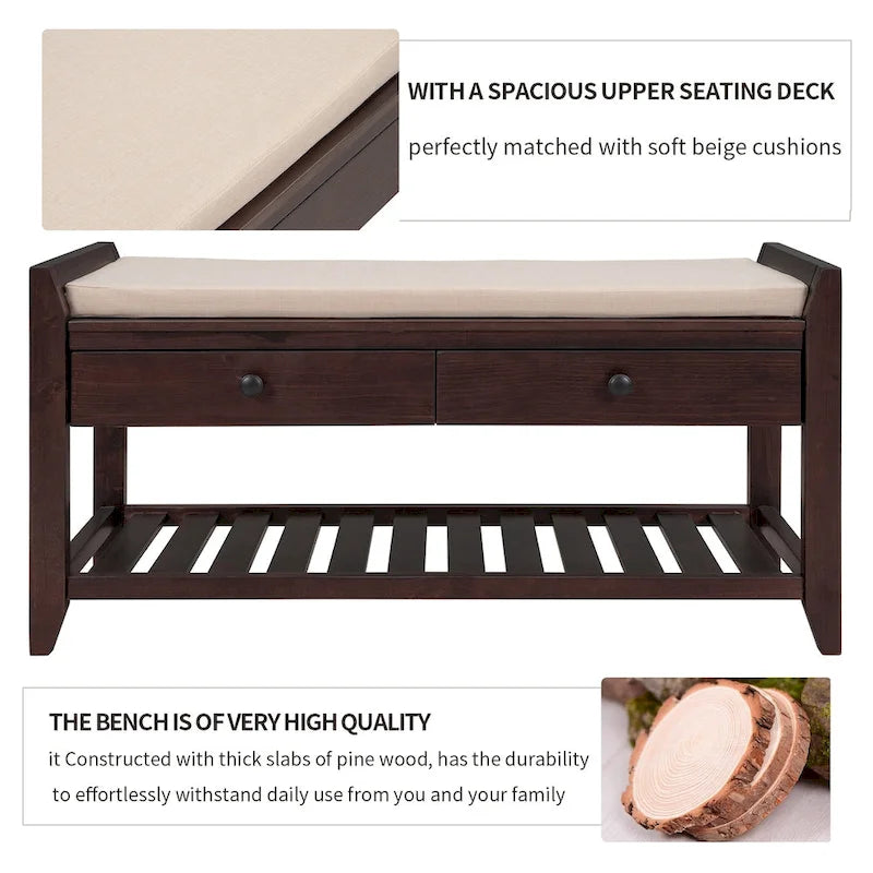 Meuble à chaussures avec assise capitonnée et tiroirs, banc de rangement multifonction pour entrée