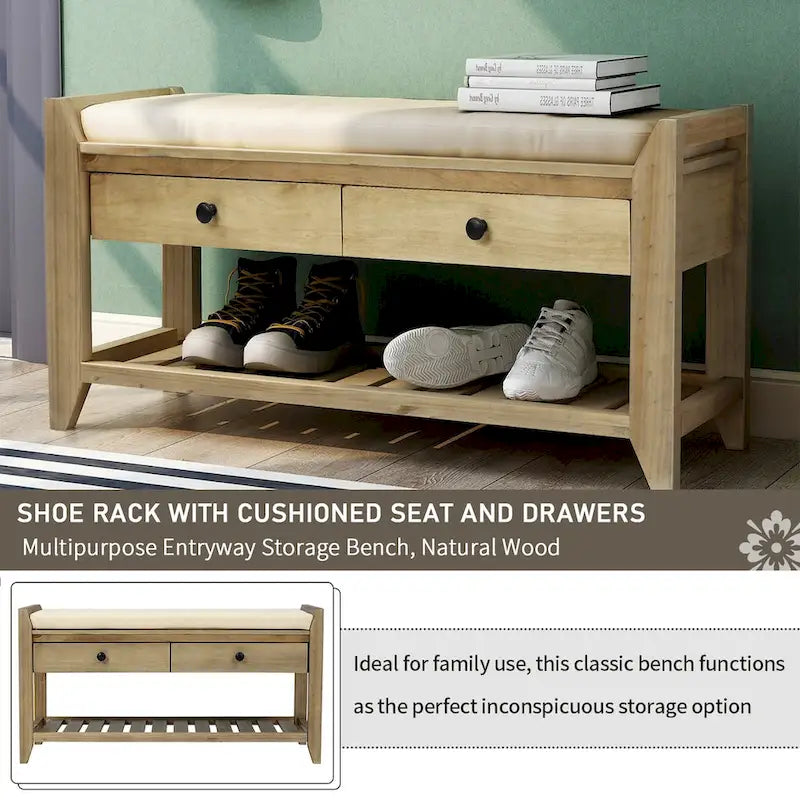 Meuble à chaussures avec assise capitonnée et tiroirs, banc de rangement multifonction pour entrée