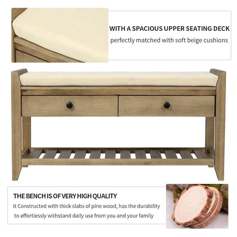 Meuble à chaussures avec assise capitonnée et tiroirs, banc de rangement multifonction pour entrée
