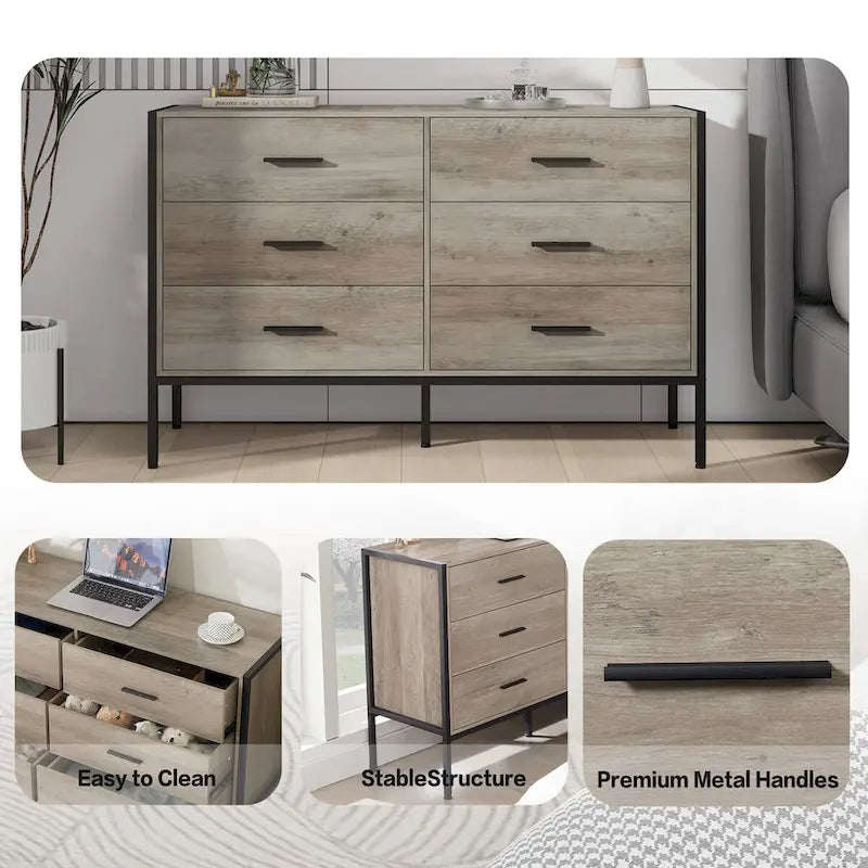 Commode en bois à 6 tiroirs, Armoire de rangement en bois pour chambre à coucher, Meuble de rangement solide avec cadre en acier robuste