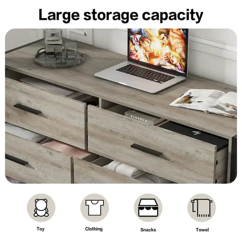 Commode en bois à 6 tiroirs, Armoire de rangement en bois pour chambre à coucher, Meuble de rangement solide avec cadre en acier robuste