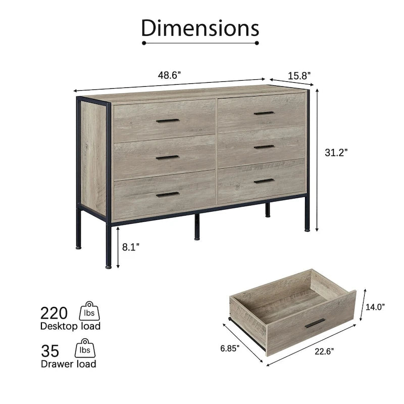 Commode en bois à 6 tiroirs, Armoire de rangement en bois pour chambre à coucher, Meuble de rangement solide avec cadre en acier robuste