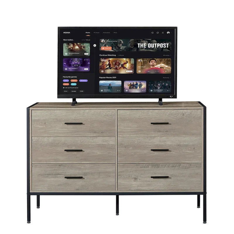 Commode en bois à 6 tiroirs, Armoire de rangement en bois pour chambre à coucher, Meuble de rangement solide avec cadre en acier robuste