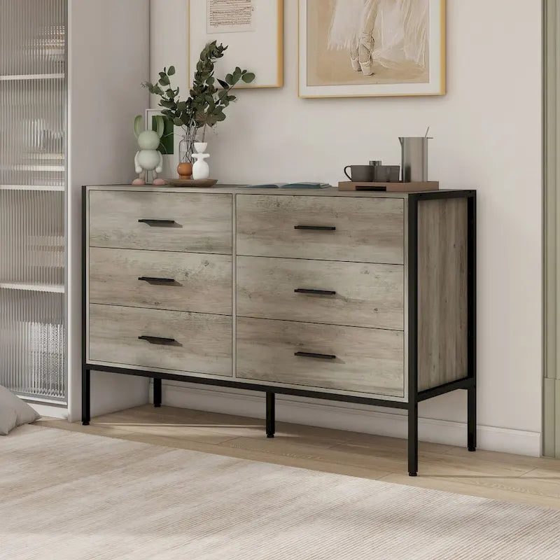 Commode en bois à 6 tiroirs, Armoire de rangement en bois pour chambre à coucher, Meuble de rangement solide avec cadre en acier robuste