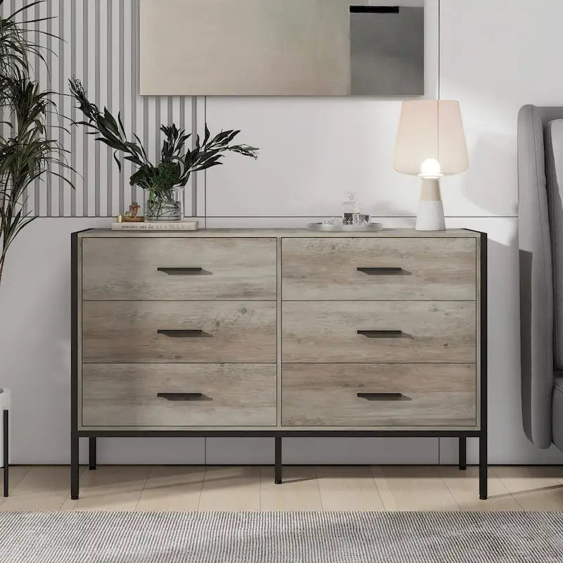 Commode en bois à 6 tiroirs, Armoire de rangement en bois pour chambre à coucher, Meuble de rangement solide avec cadre en acier robuste