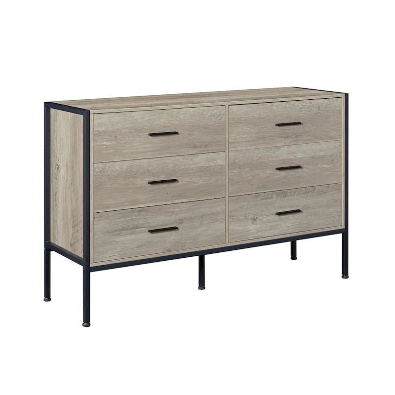 Commode en bois à 6 tiroirs, Armoire de rangement en bois pour chambre à coucher, Meuble de rangement solide avec cadre en acier robuste