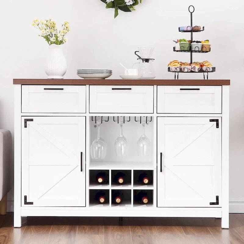 Meuble Bar à Vin, Buffet avec 3 Tiroirs, Porte-Verres - N/A