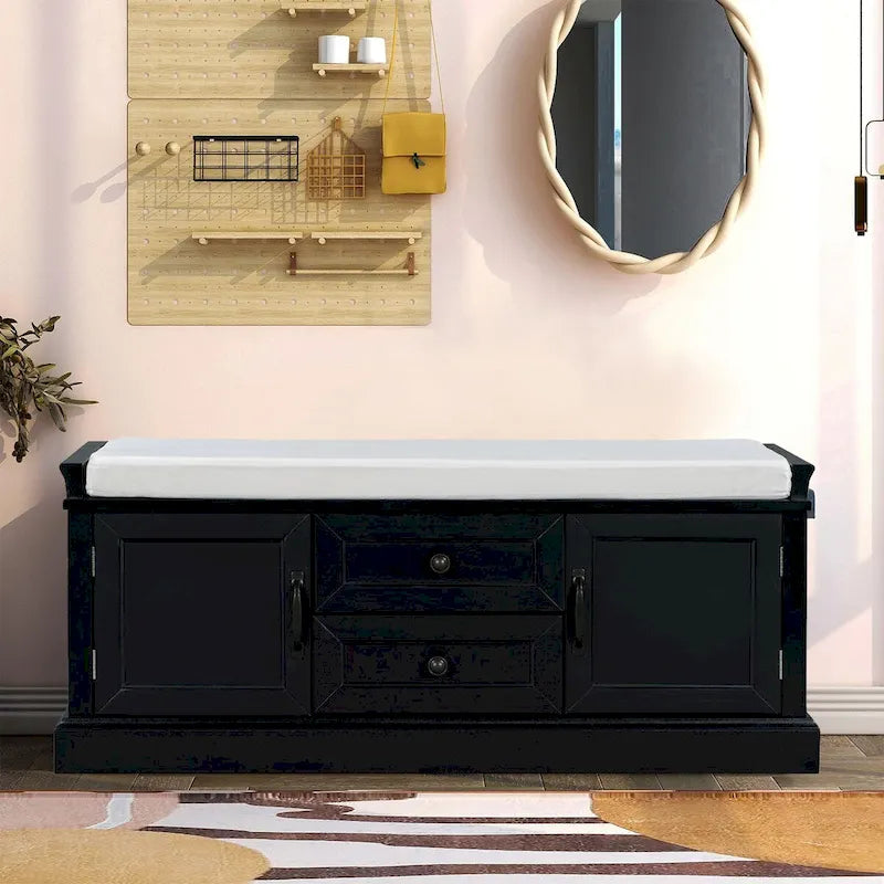 Banc de rangement chic en bois vintage avec coussin de siège en velours déhoussable garni de mousse