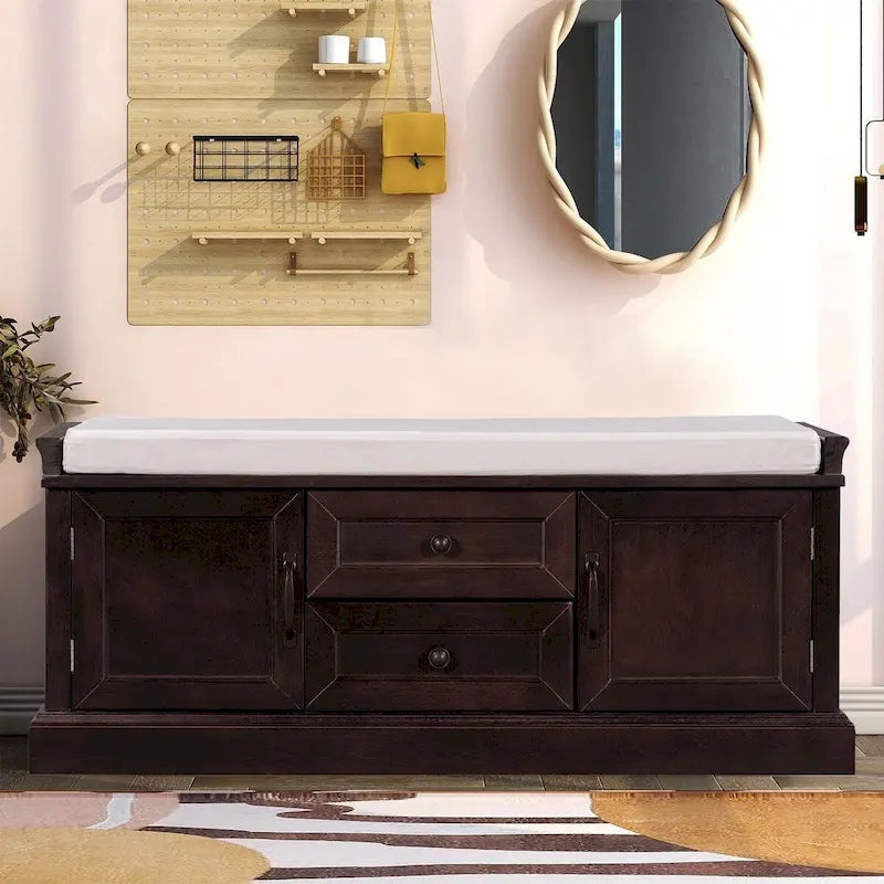 Banc de rangement chic en bois vintage avec coussin de siège en velours déhoussable garni de mousse