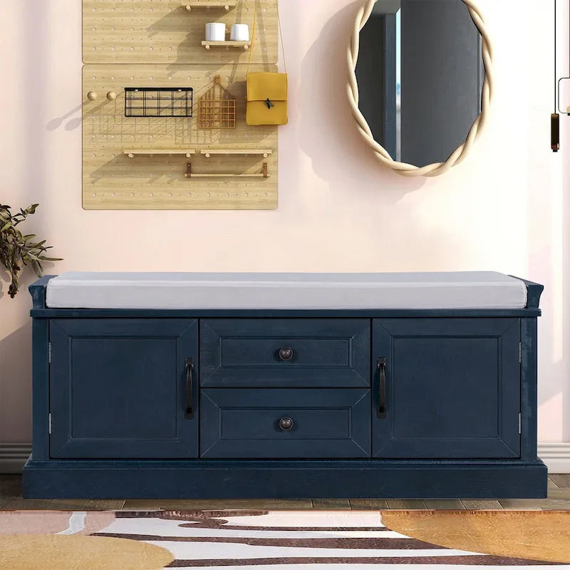 Banc de rangement chic en bois vintage avec coussin de siège en velours déhoussable garni de mousse