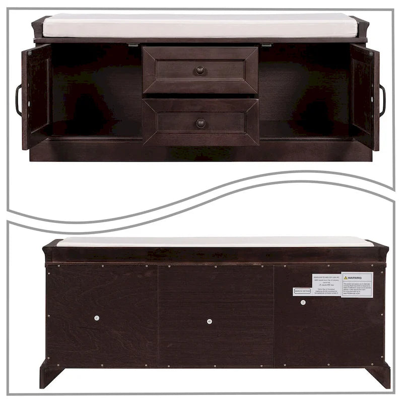 Banc de rangement chic en bois vintage avec coussin de siège en velours déhoussable garni de mousse