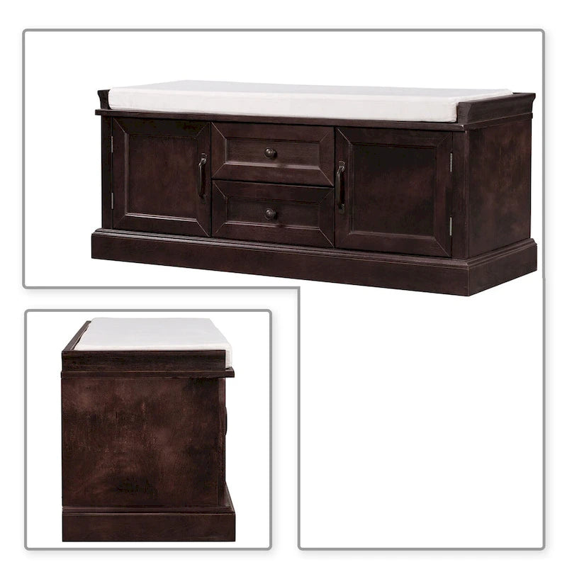 Banc de rangement chic en bois vintage avec coussin de siège en velours déhoussable garni de mousse