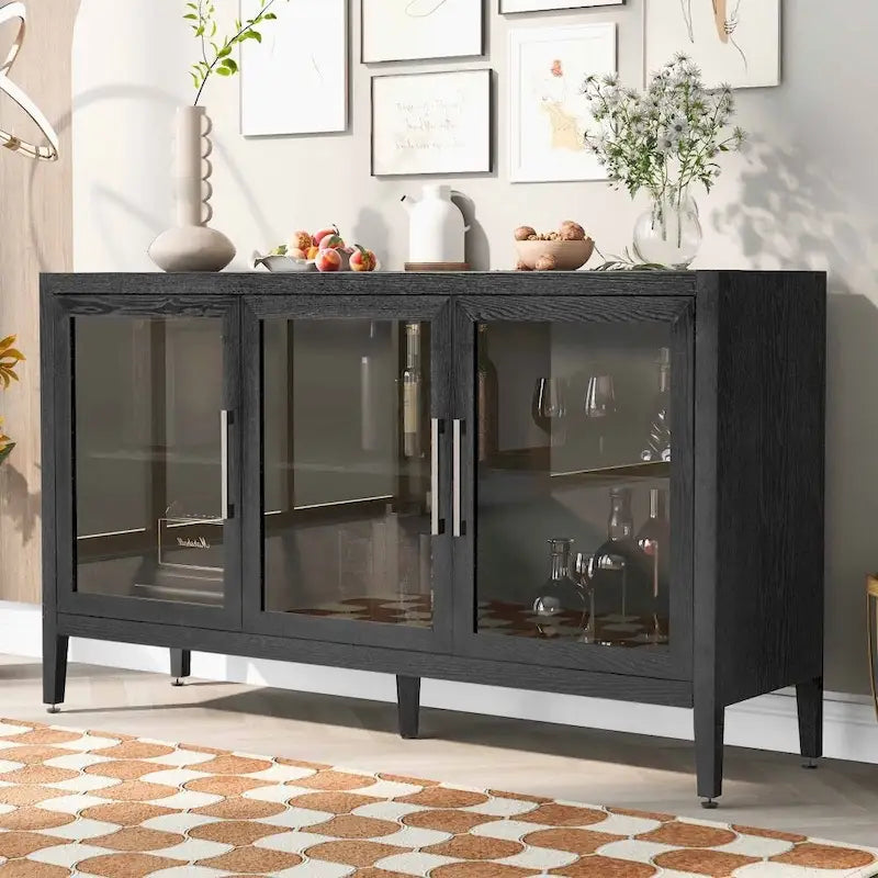 Meuble de rangement en bois avec trois portes en verre trempé et étagère réglable, convient pour le salon, le bureau et l'entrée