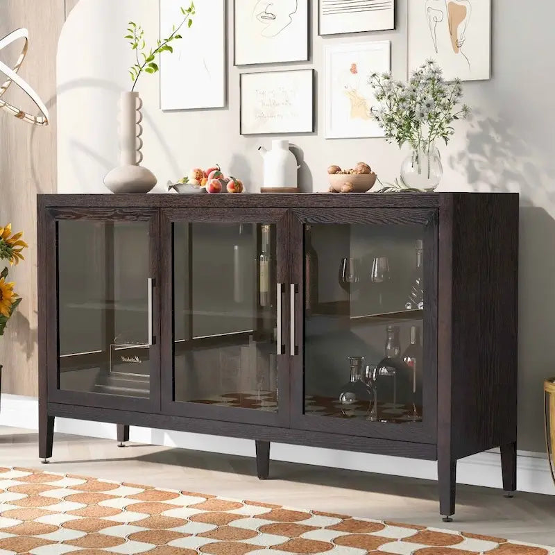Meuble de rangement en bois avec trois portes en verre trempé et étagère réglable, convient pour le salon, le bureau et l'entrée