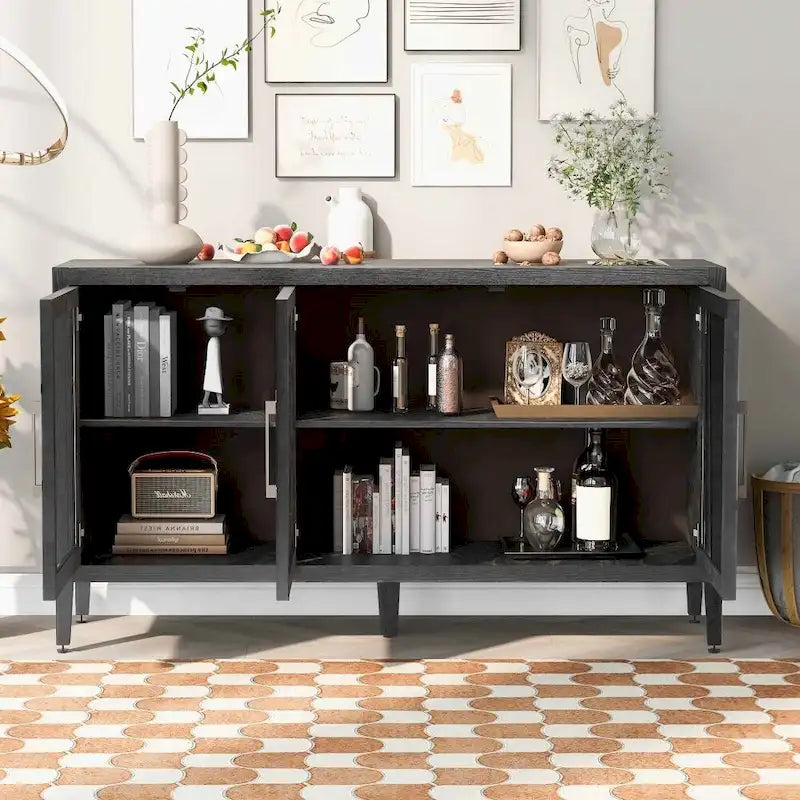Meuble de rangement en bois avec trois portes en verre trempé et étagère réglable, convient pour le salon, le bureau et l'entrée