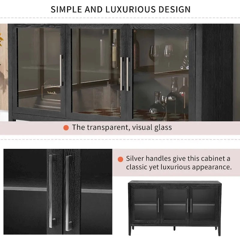 Meuble de rangement en bois avec trois portes en verre trempé et étagère réglable, convient pour le salon, le bureau et l'entrée
