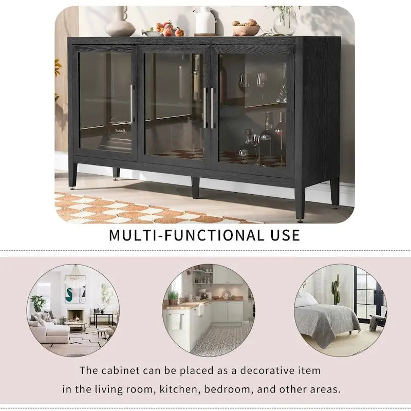 Meuble de rangement en bois avec trois portes en verre trempé et étagère réglable, convient pour le salon, le bureau et l'entrée