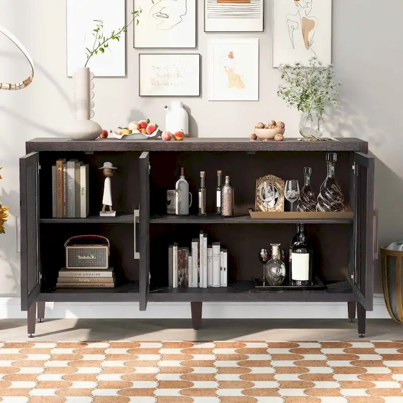 Meuble de rangement en bois avec trois portes en verre trempé et étagère réglable, convient pour le salon, le bureau et l'entrée