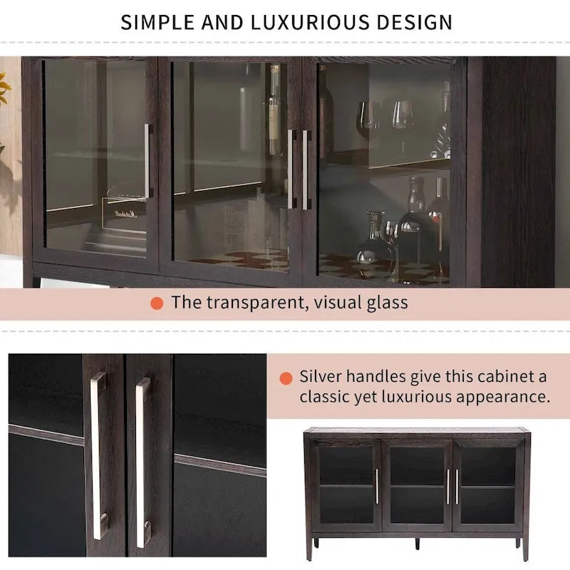 Meuble de rangement en bois avec trois portes en verre trempé et étagère réglable, convient pour le salon, le bureau et l'entrée