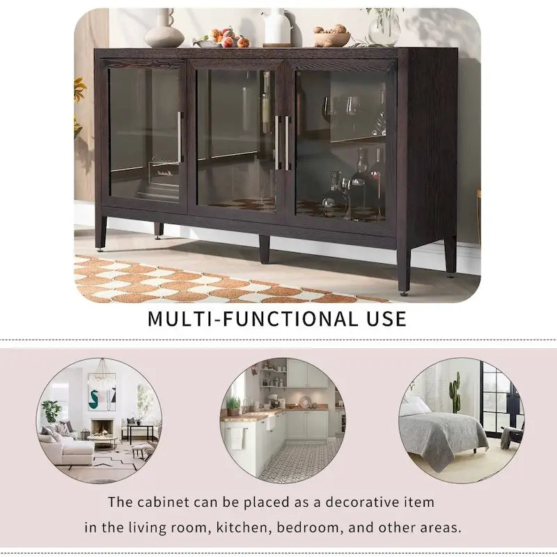 Meuble de rangement en bois avec trois portes en verre trempé et étagère réglable, convient pour le salon, le bureau et l'entrée