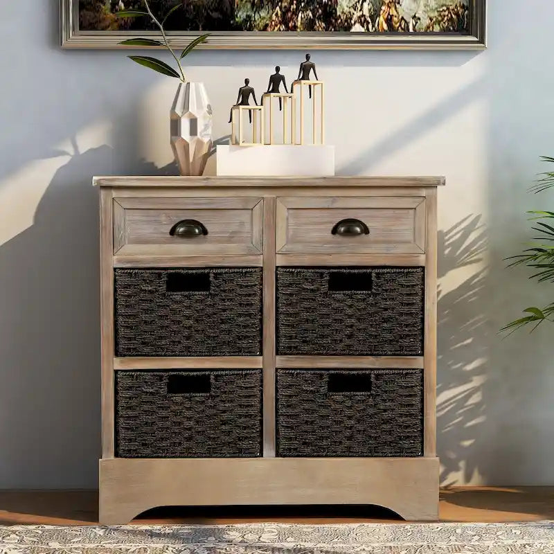 Meuble de rangement en bois massif avec deux tiroirs et quatre paniers en rotin, aucun assemblage requis.