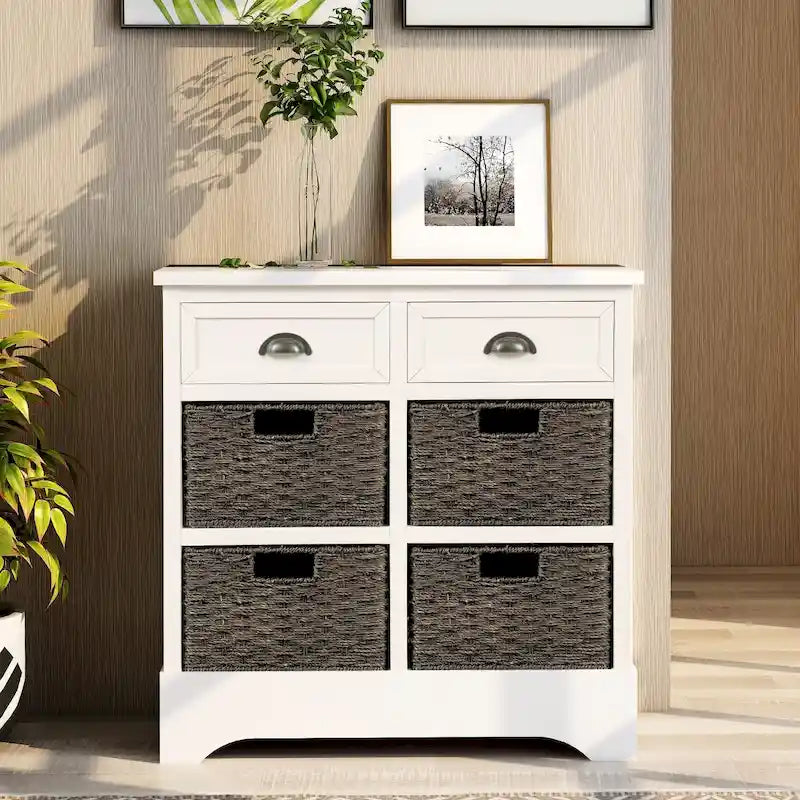 Meuble de rangement en bois massif avec deux tiroirs et quatre paniers en rotin, aucun assemblage requis.