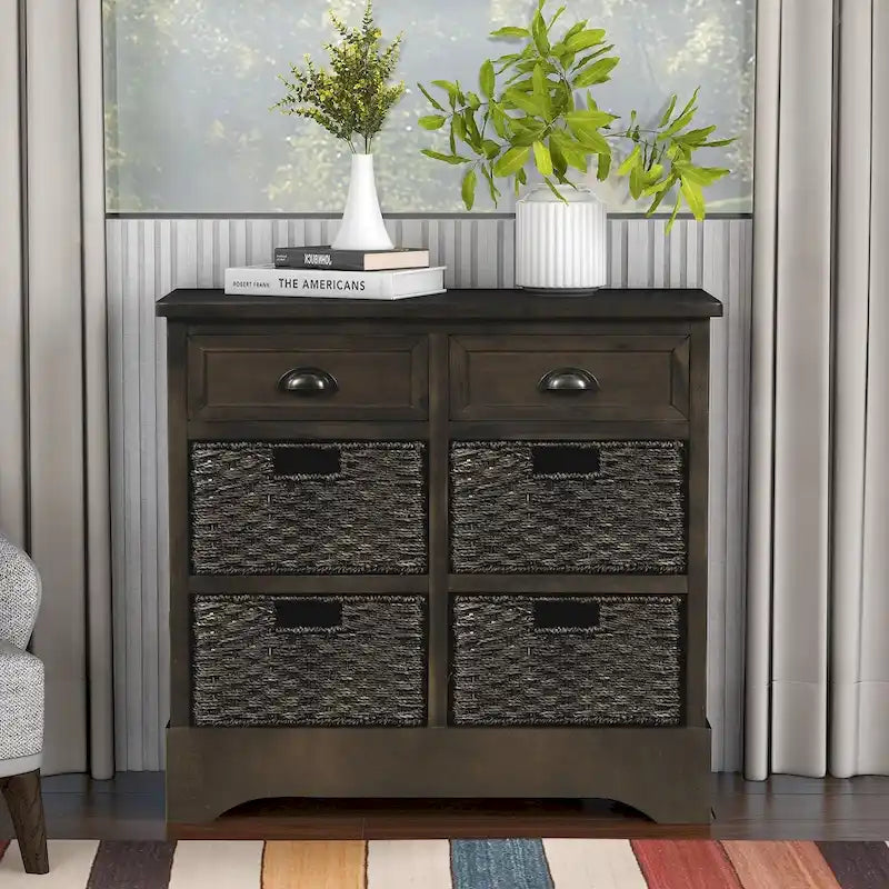 Meuble de rangement en bois massif avec deux tiroirs et quatre paniers en rotin, aucun assemblage requis.