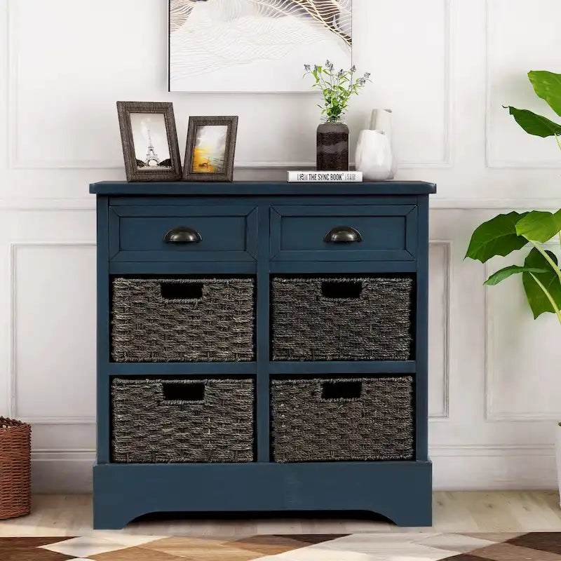 Meuble de rangement en bois massif avec deux tiroirs et quatre paniers en rotin, aucun assemblage requis.