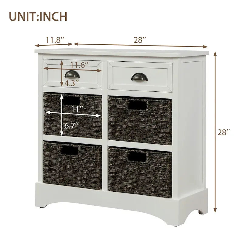 Meuble de rangement en bois massif avec deux tiroirs et quatre paniers en rotin, aucun assemblage requis.