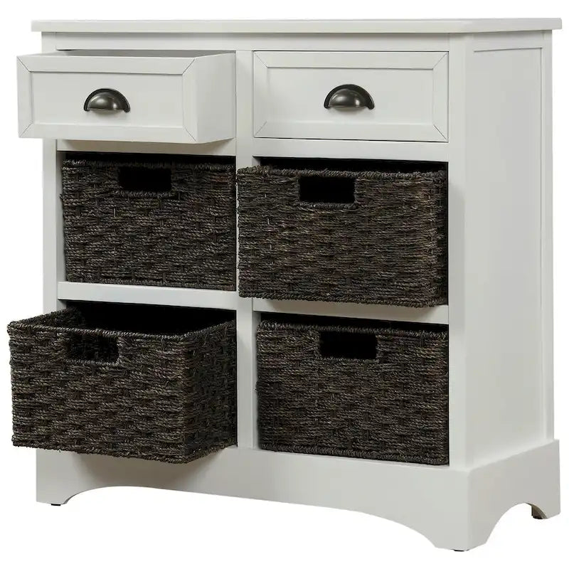 Meuble de rangement en bois massif avec deux tiroirs et quatre paniers en rotin, aucun assemblage requis.