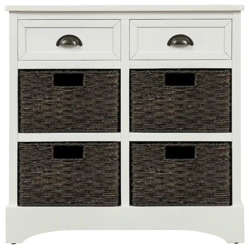 Meuble de rangement en bois massif avec deux tiroirs et quatre paniers en rotin, aucun assemblage requis.