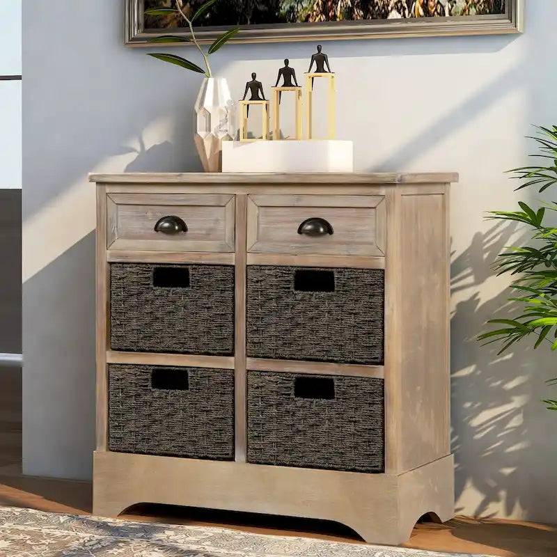 Meuble de rangement en bois massif avec deux tiroirs et quatre paniers en rotin, aucun assemblage requis.