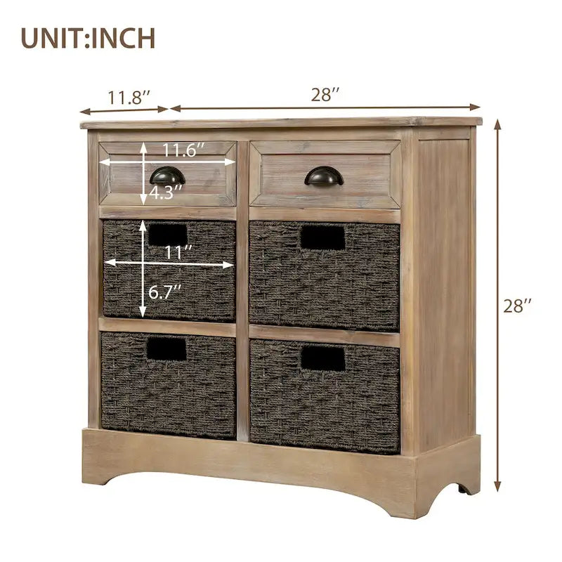 Meuble de rangement en bois massif avec deux tiroirs et quatre paniers en rotin, aucun assemblage requis.
