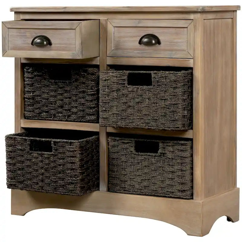 Meuble de rangement en bois massif avec deux tiroirs et quatre paniers en rotin, aucun assemblage requis.