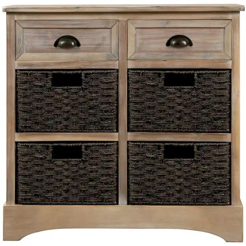 Meuble de rangement en bois massif avec deux tiroirs et quatre paniers en rotin, aucun assemblage requis.