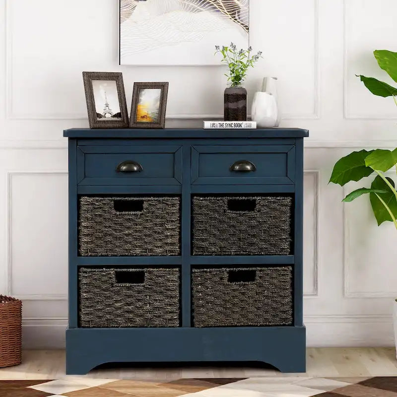 Meuble de rangement en bois massif avec deux tiroirs et quatre paniers en rotin, aucun assemblage requis.