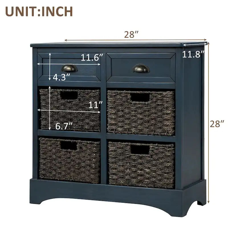 Meuble de rangement en bois massif avec deux tiroirs et quatre paniers en rotin, aucun assemblage requis.