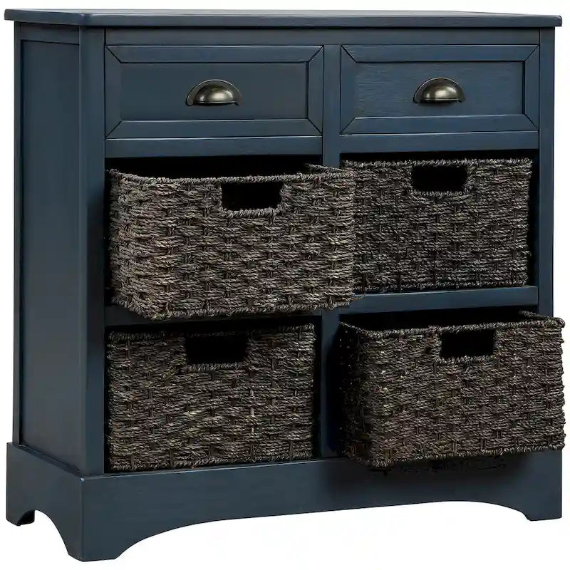 Meuble de rangement en bois massif avec deux tiroirs et quatre paniers en rotin, aucun assemblage requis.