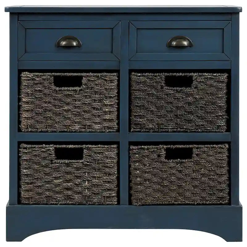 Meuble de rangement en bois massif avec deux tiroirs et quatre paniers en rotin, aucun assemblage requis.