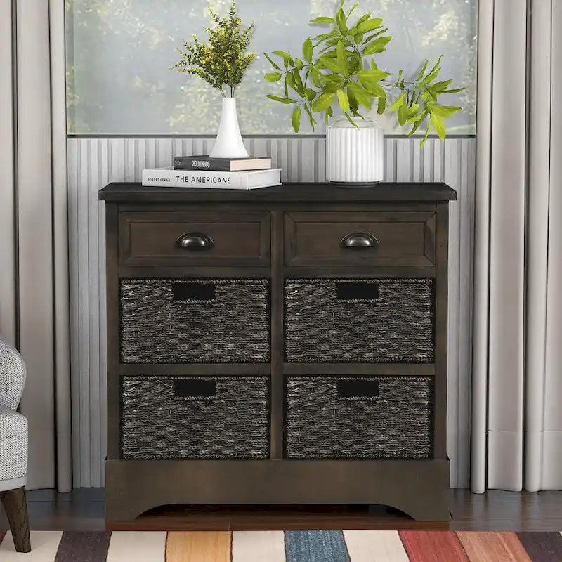 Meuble de rangement en bois massif avec deux tiroirs et quatre paniers en rotin, aucun assemblage requis.